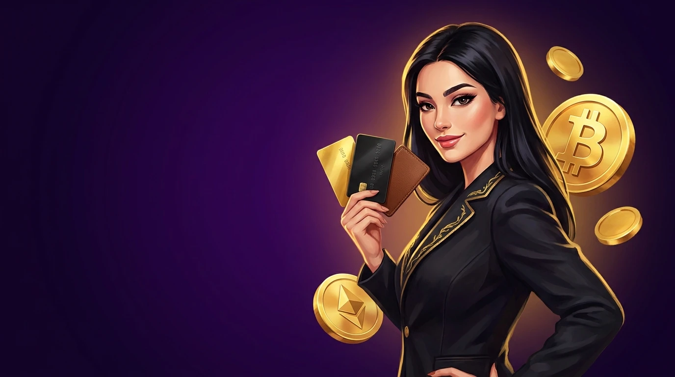 Mascotte SpinMama présentant cartes bancaires et crypto — paiements et retraits