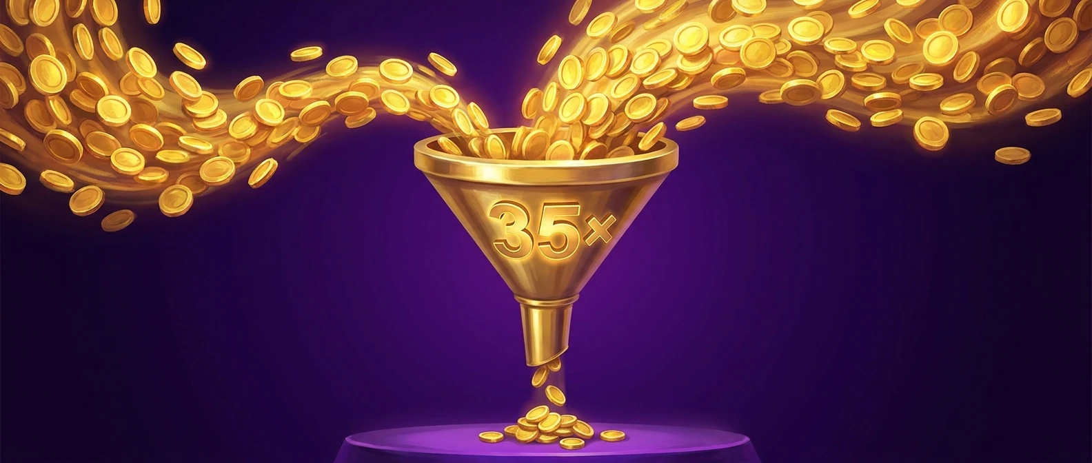 Métaphore du wagering 35× — beaucoup de mises entrent, peu de gains retirables ressortent