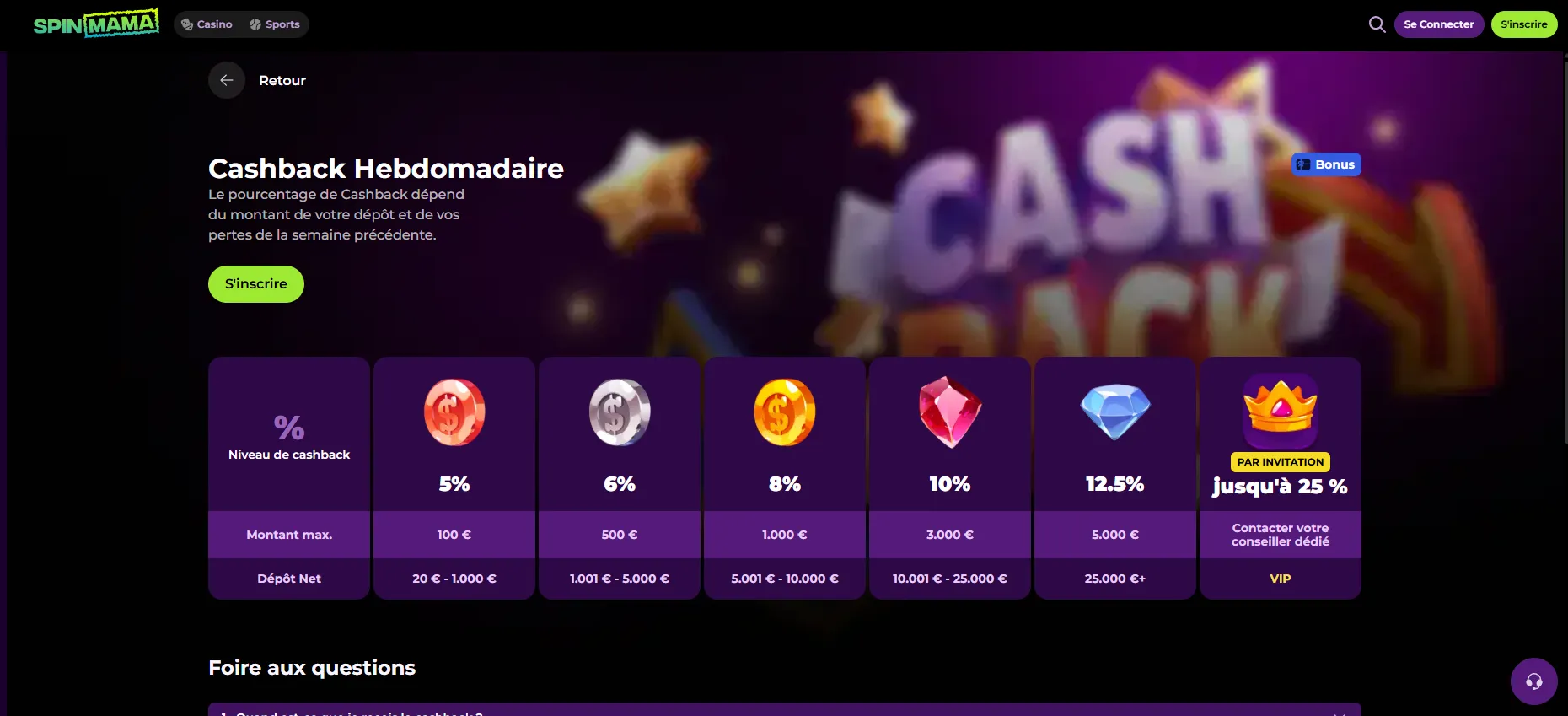 Tableau des niveaux de cashback SpinMama — de 5 % Bronze à 25 % VIP
