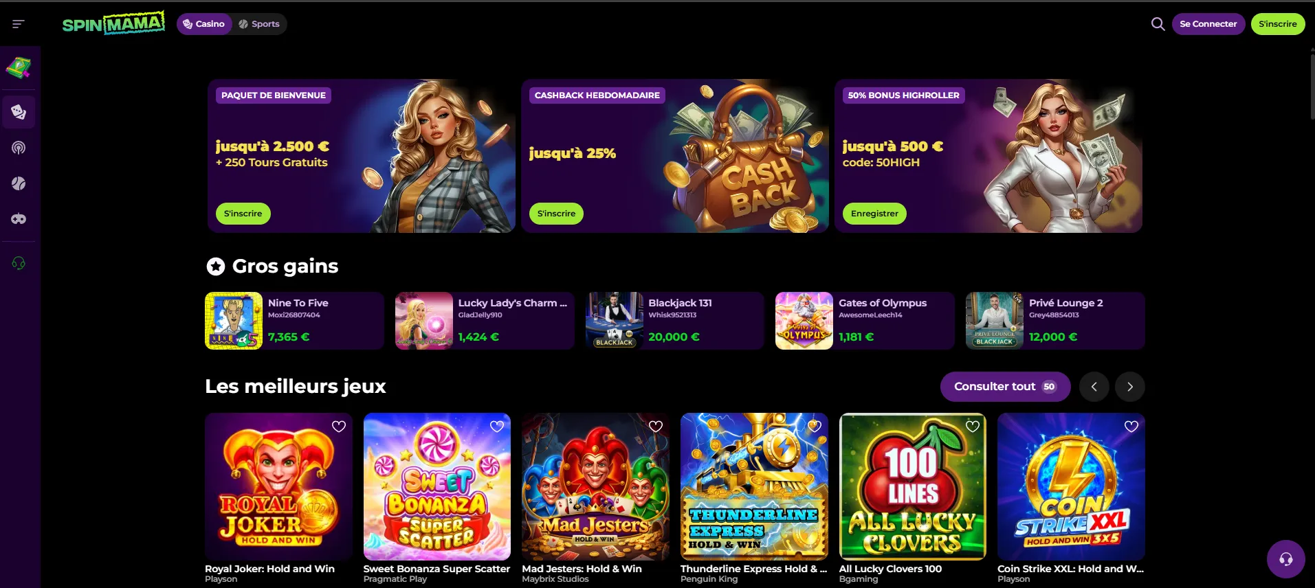 Interface desktop SpinMama Casino — bannières promo, gros gains et meilleurs jeux