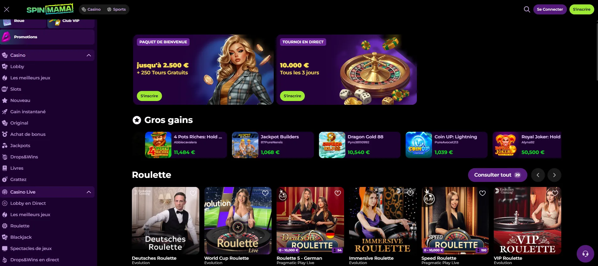 Interface desktop de SpinMama Casino — lobby avec paquet de bienvenue, gros gains et roulette en direct