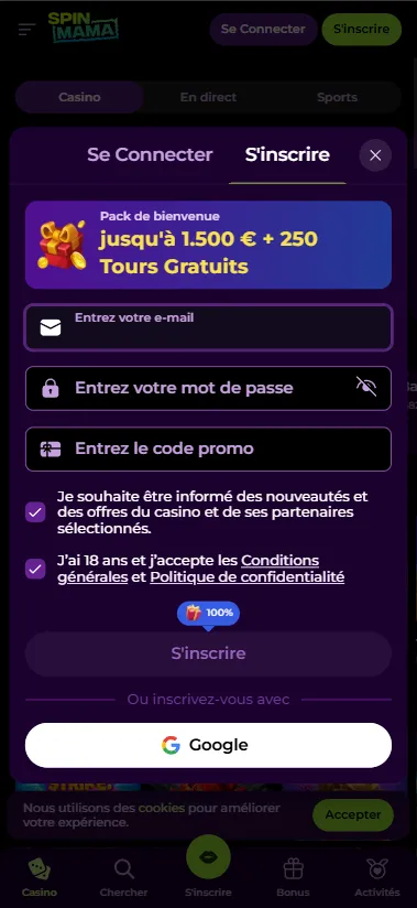 Formulaire d'inscription SpinMama Casino — email, mot de passe, code promo