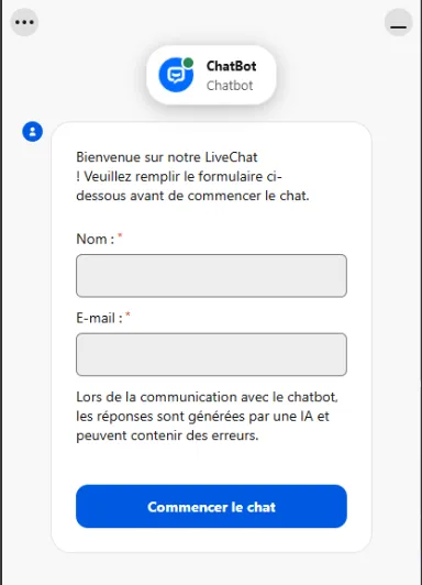 Fenêtre de live chat SpinMama — formulaire de contact nom et email avant de démarrer la conversation