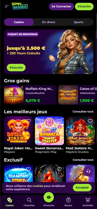 Interface mobile SpinMama Casino — lobby, paquet de bienvenue 2 500 € et sélection de jeux