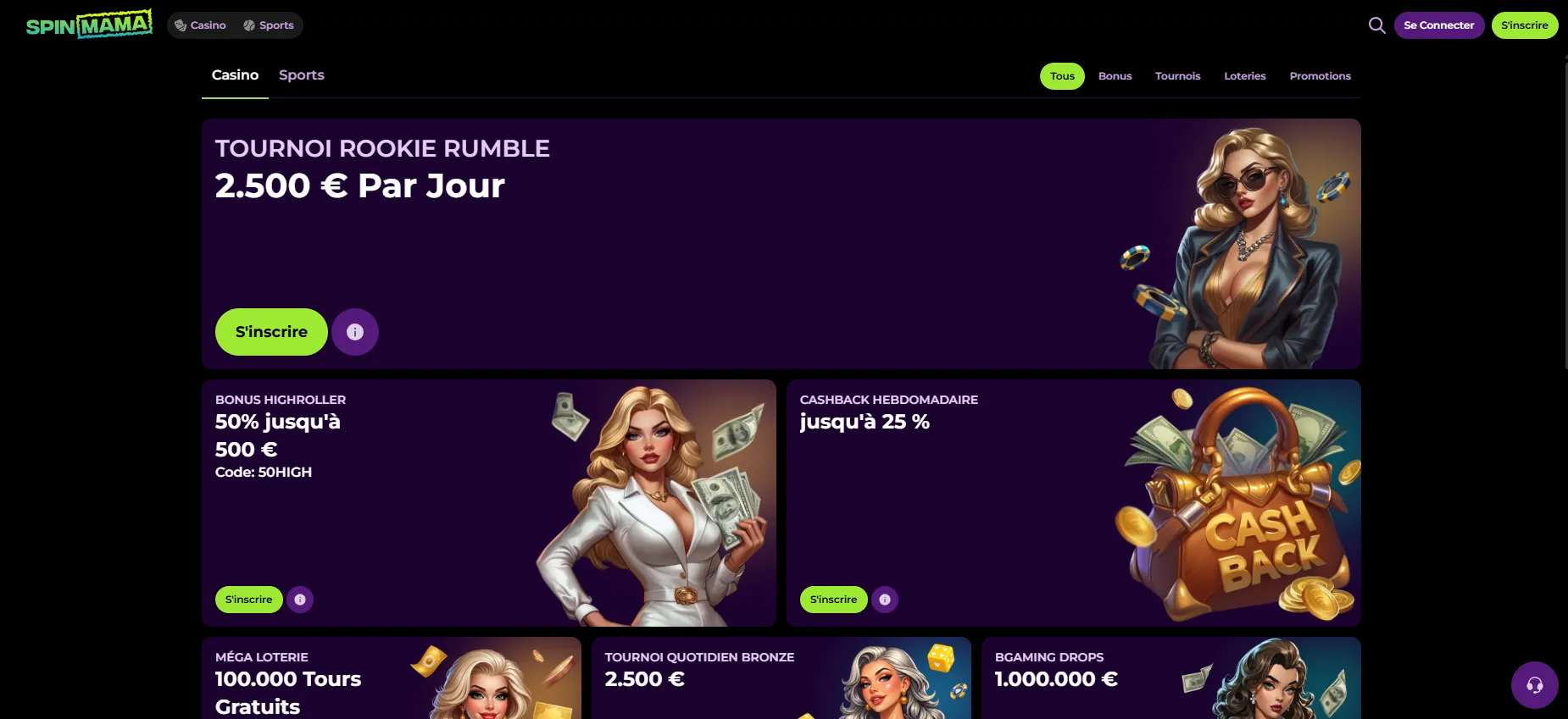 Page promotions SpinMama — tournoi Rookie Rumble, bonus highroller et cashback hebdomadaire